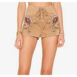 BB Dakota Women's Lace Up Front Embroidered Bohemian Suede Shorts Size 10 Brown